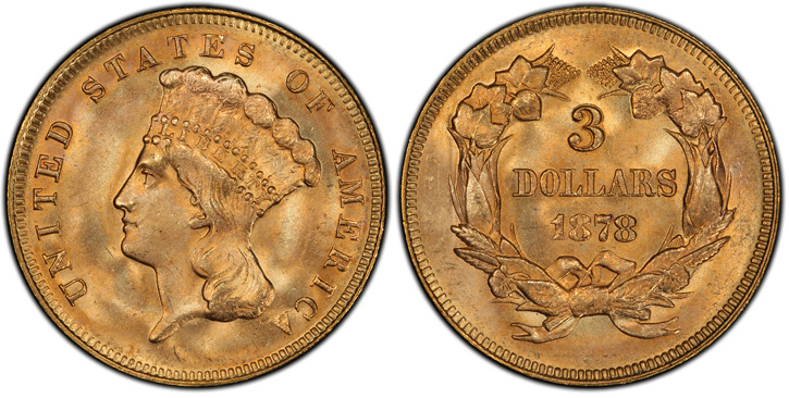 1878 Three-Dollar Gold Piece. MS-66 (PCGS).